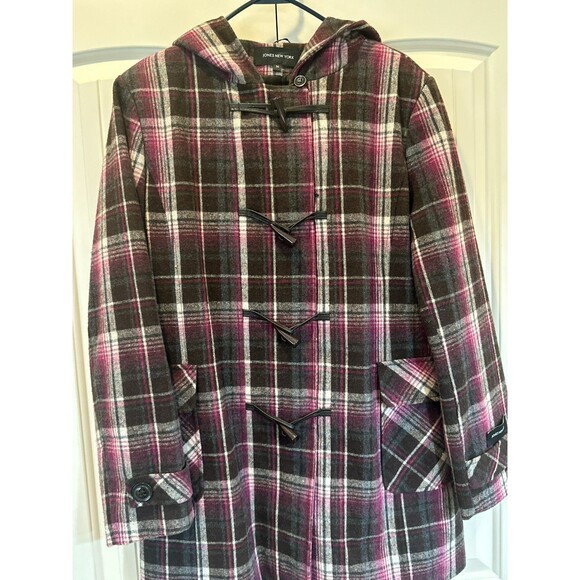 Jones New York  Hooded Pea Coat Zip Up Button Up Plaid Wool Coat Women's Size 14 - Picture 2 of 8